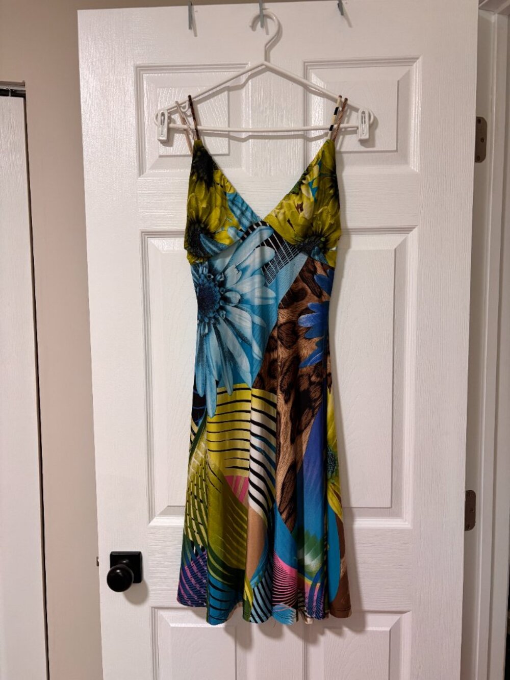 Abstract Print Midi Dress | Blue & Green Colourful Spaghetti Strap Dress (M) - Picture 10 of 11